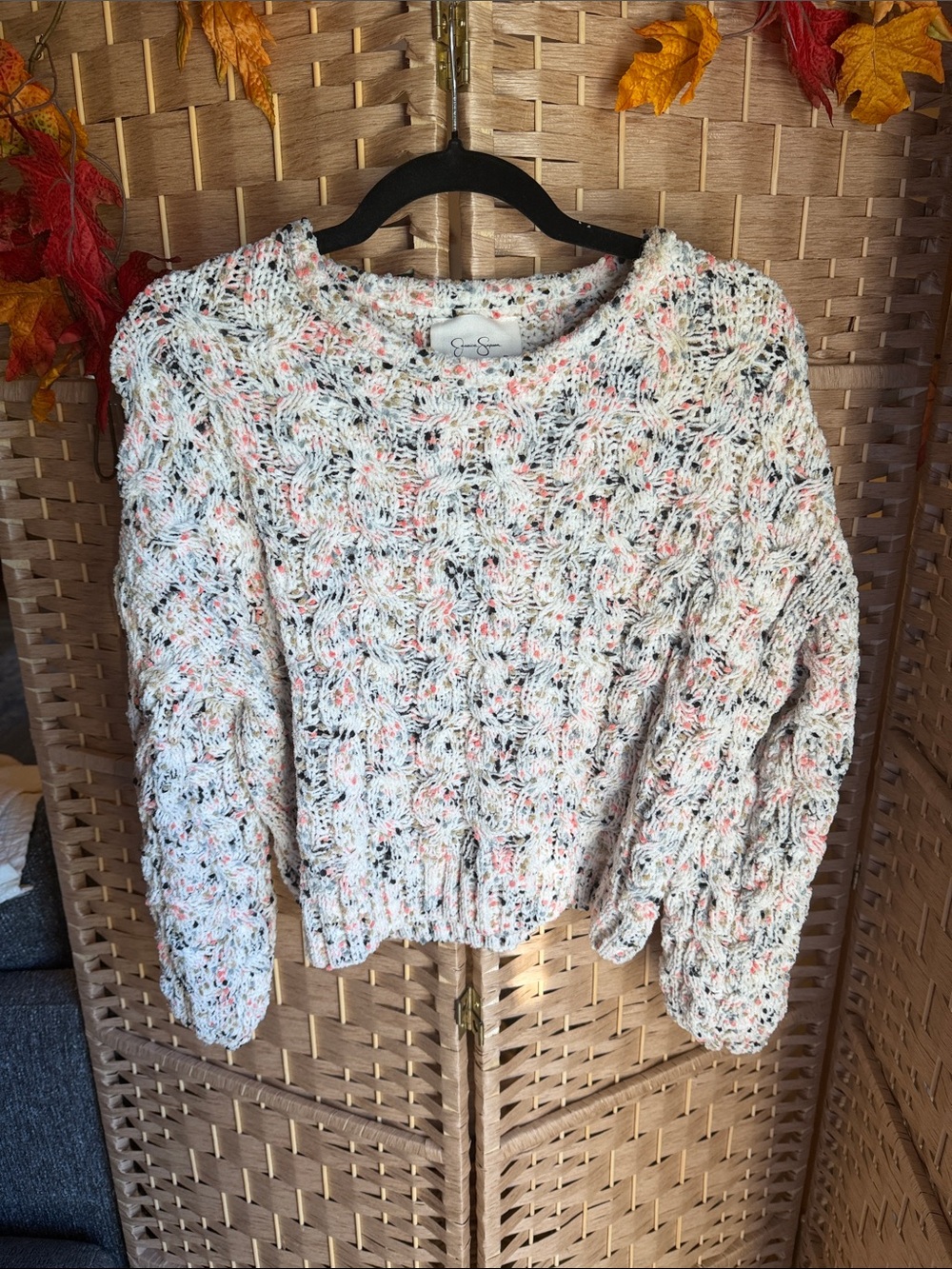 Jessica Simpson Ivory Speckled Cable-Knit Crewneck Sweater